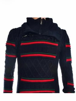 Cable Knit Half-Zip Sweater with Stripe Detail