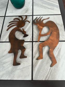 Set Of 2 Kokopelli Copper Fertility Aztec Musicians Metal Wall Art 20” Dancing