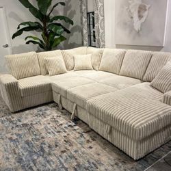 Cream Corduroy Sectional With Storage Space And Pull-Out Bed  