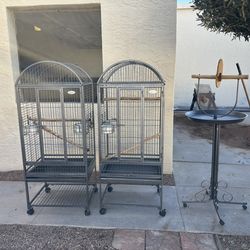 Two high-end large metal birdcages with a perch stand