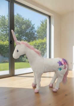 Large White Plush Unicorn Toy with Pink Mane and Decorative Stars