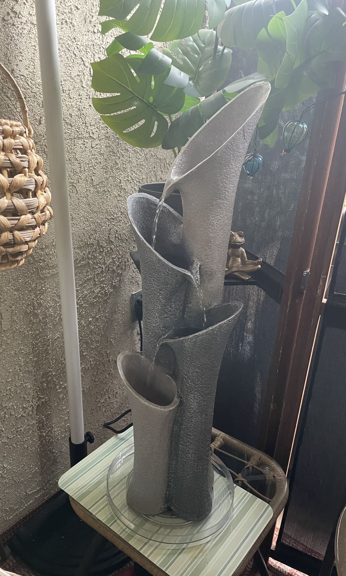 Fountain - Grey Resin 4 Fluted Column Outdoor Fountain With Pump