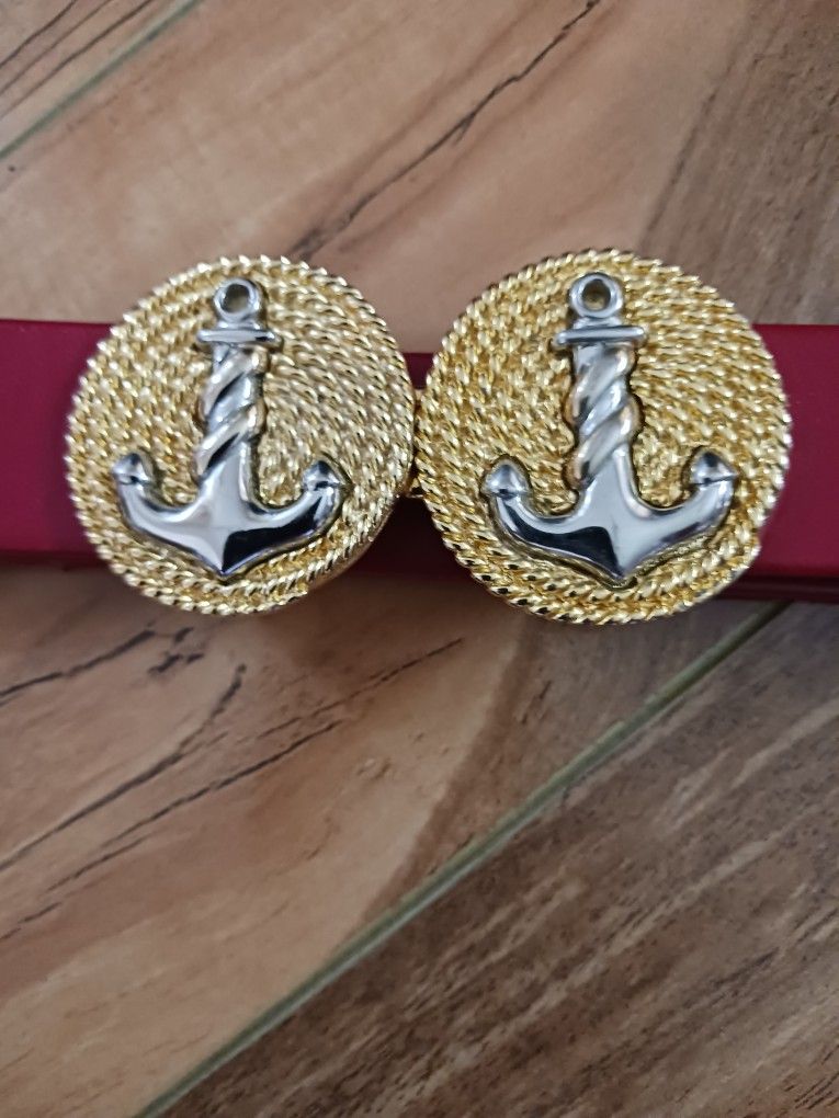 Vintage Woman's Nautical Anchor Rope Sailor Theme 2 Tone Gold & Silver Buckles on Red Talbot's Belt 