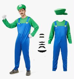 Halloween Costume Men Adult, Plumber Jumpsuit Cosplay Costume with Hat Gloves Moustache Accessories Set, Large