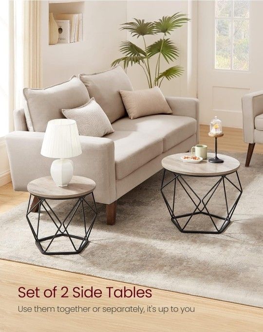 Set Of Two Griege Small Round Coffee Tables With Geometric Base
