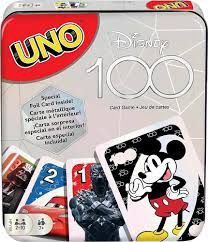 Mattel Games UNO Disney 100 Card Game for Kids, Adults & Family Night, Storage & Travel Tin, Features Disney Characters, Anniversary Collectible 