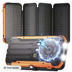  20000mAh Solar Power Bank with 4 Foldable Solar Panels, Built-in Wireless Charging, PD 15W Fast Charging, 3 Built-in Cables, 6 Charging Ports, Portab