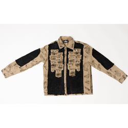 Ean Michael Jacket Mens 2XL Tan Black Corduroy Distressed Multi Pocket Button Up