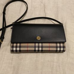 Burberry Leather & Check Wallet On A Strap