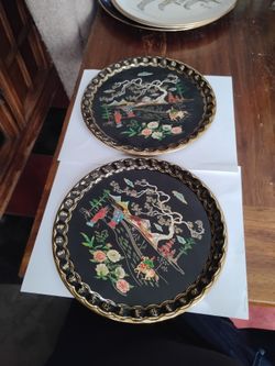 Vintage Oriental tray black metal cathay baret ware set of 2
