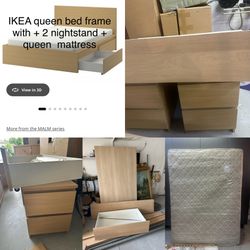 Queen size bed frame + 2 night stand + mattress