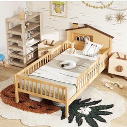 KOMFOTT Twin Bed Frame with Rails & House Shaped Headboard, Solid Wood Platform Bed with Safety Guar