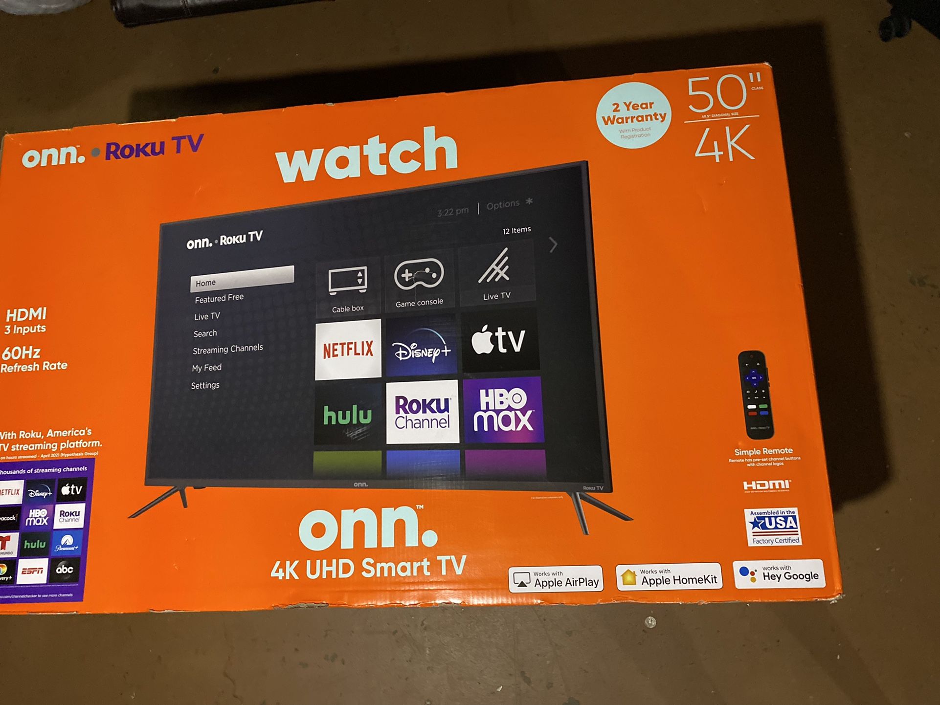 Onn 50” 4k Roku Tv with Tv Mount