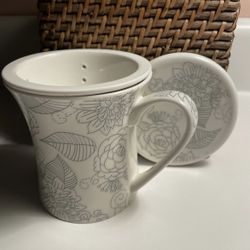 Teavana New Bone China Gray Floral Pattern Complete Mug W/ Infuser Hot Tea
