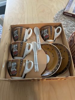 VINTAGE Wood House LATTE ESPRESSO Serving Set 8 in Box Coffee