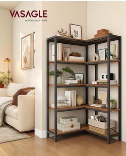 5 Tier Bookshelf with Metal Frame, Convertible Industrial Corner Shelf, 9.4 x 40.2 x 55.9 Inches, for Living Room, Bedroom, Home Office, Rustic Brown 