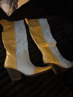 Two-Tone Gold and Silver Knee-High Heeled Boots