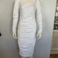 Women Ruched Midi Dress Fashion Long Sleeve Square Neck Stretch Size M