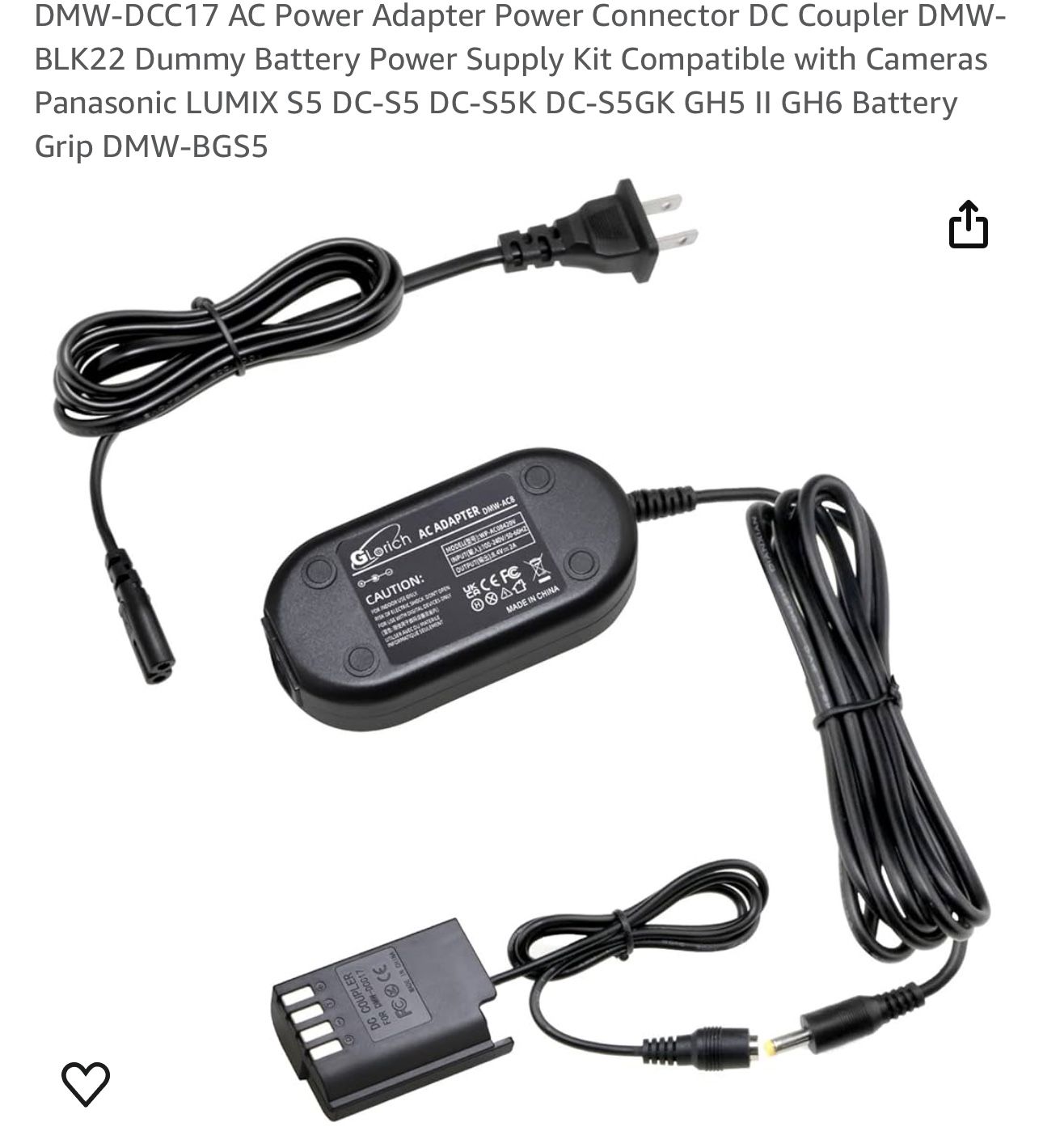 Power Adapter Power Connector DC Coupler DMW-BLK22 Dummy Battery Power Supply Kit Compatible with Cameras Panasonic 