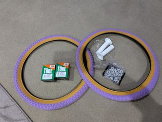 TWO NEW PURPLE/GUM WALL 20X 1.75 BMX BICYCLE TIRES COMP 3 STYLE,TUBES, TRIANGLE GRIPS AND WHITE /CHROME CHAIN