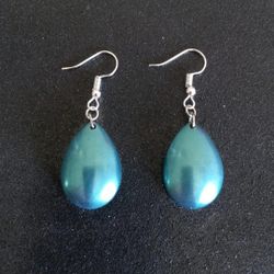 Teal blue pearl color shift chameleon teardrop dangle earrings hypoallergenic