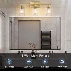 Jonsi Gold Bathroom 3 Light Brushed Gold Bathroom Vanity Lights with Fluted Glass Shade, Modern Gold Bathroom Lights Over Mirror, Vani