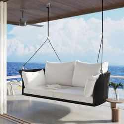 Assembled New 2-Person Hanging Seat Rattan Woven Swing Chair Porch Swing with Ropes Black Wicker