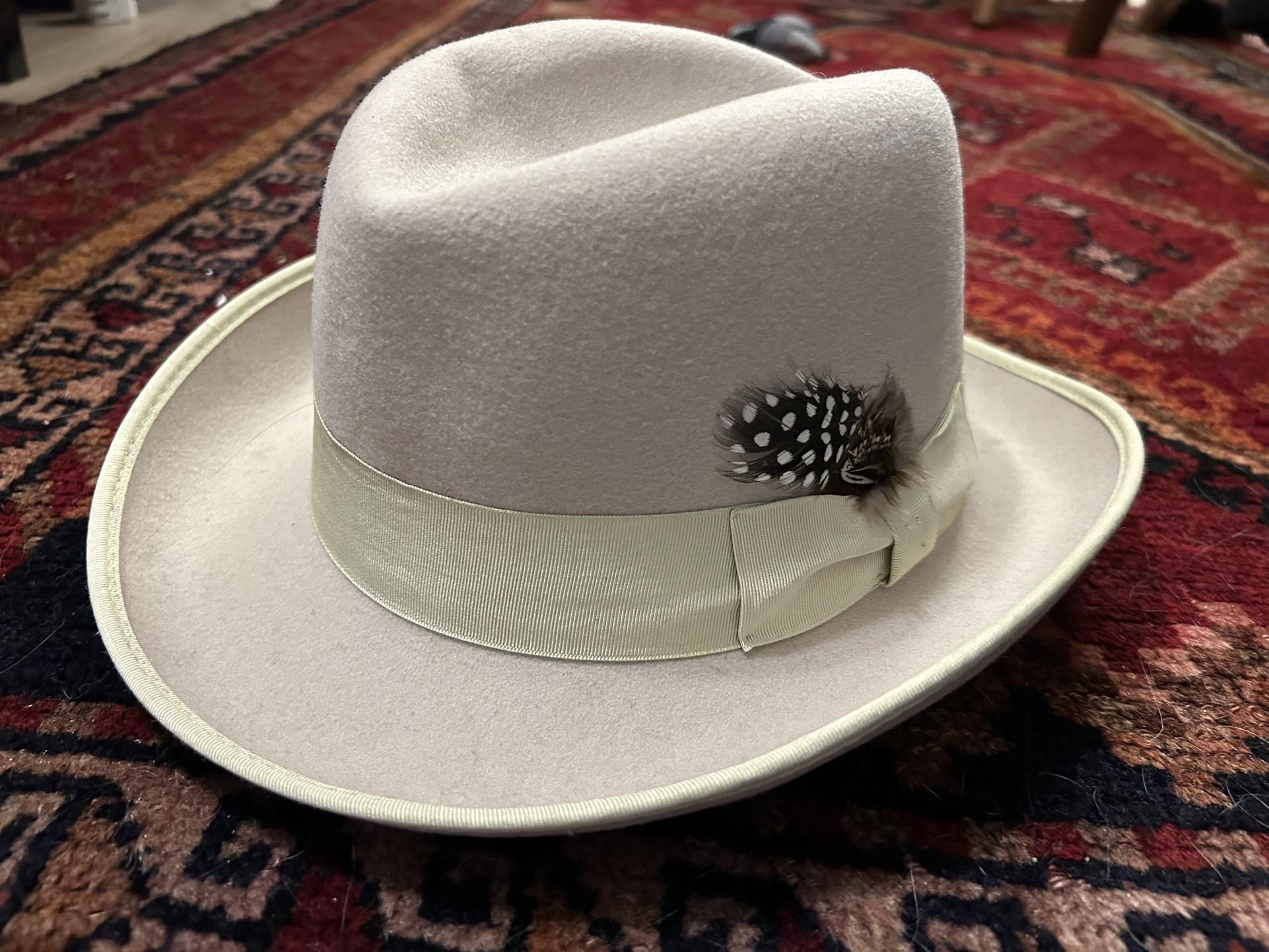 Stacy Adams Fedora Hat Cap Mens Large White 100% Wool Lined Ribbon Accent