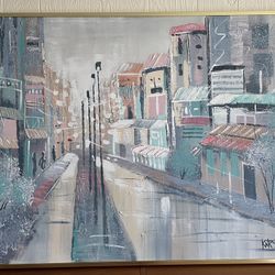 Embellished Paint on Canvas - City Street - Late 20th Century Postmodern - Karson