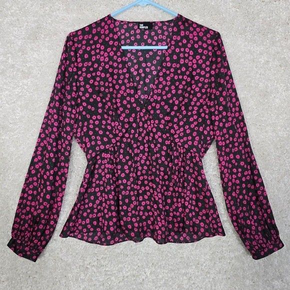 The Kooples Top Womens Large 3 Pink Black Floral V-Neck Blouse Preppy Cottage