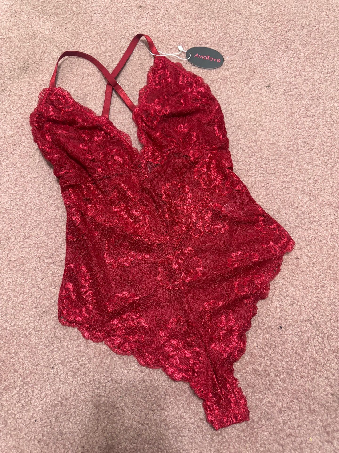 New Small Red Lace Stretchy Bodysuit Lingerie