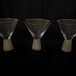 Set of 3 Gold-Rim Martini Glasses with Decorative Rhinestone Base – Glass – Excellent Display Condition