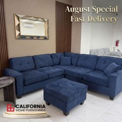 Dark Blue 4-Piece Sectional Sofa with Ottoman & USB