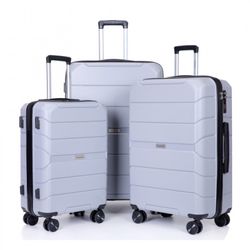 Hardshell Suitcase Spinner Wheel PP Luggage Lightweight Suitcase with TSA Lock,3-Piece Set (20/24/28) ,Silver 