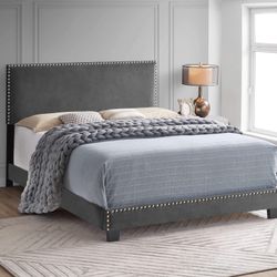 Brad New Queen Size Grey Velvet Nailhead Bed Frame With New Mattress/Fast Delivery