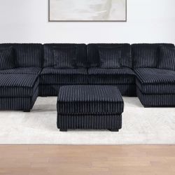 BLACK JUMBO CORDUROY SECTIONAL WITH OTTOMAN 