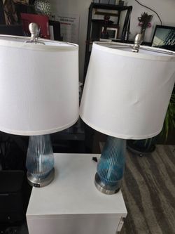 Pair of Blue Ribbed Glass Table Lamps
