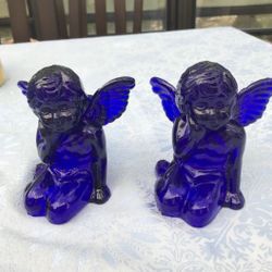 Vintage Cobalt Blue Glass Angel/Cherubs Candle Sticks Holders
