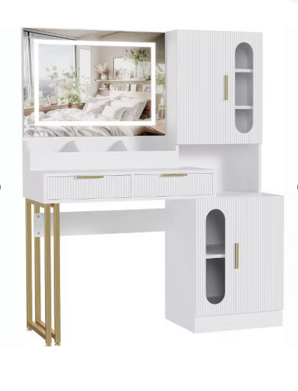 45” Large Makeup Vanity Desk with Mirror and Lights, Modern Fluted Vanity Table with Drawers, Cabinets & Charging Station, Wooden Dressing Table for B