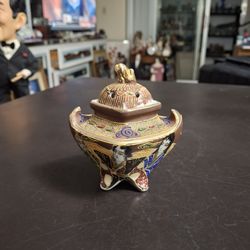 Vintage 1930's Japanese Foo Dog Satsuma Koro Moriage Incense Burner, Hand-painted Immortals Gilded