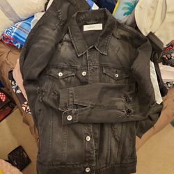 topman distressed black denim jacket in a size large 