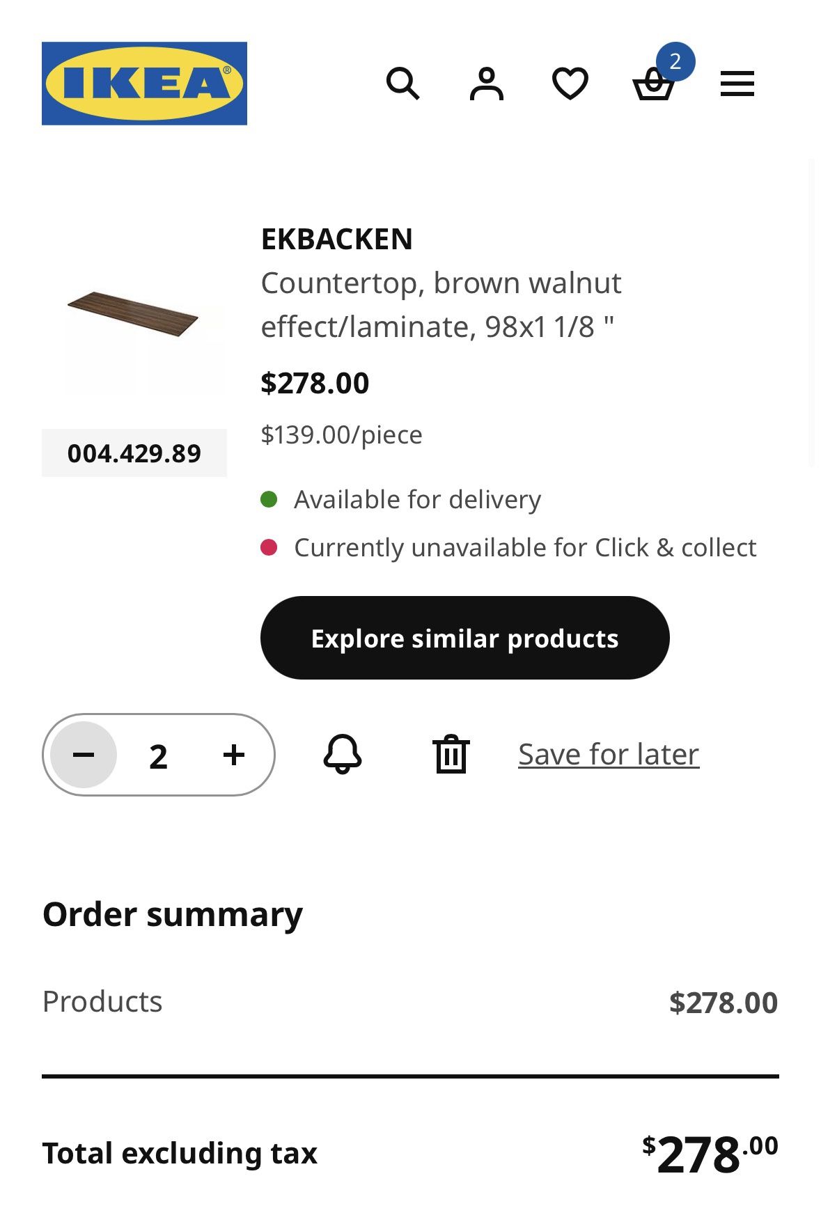 NEW (2) ikea Ekbacken Walnut Wood 98 Countertop