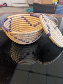 Handwoven African Lidded Coil Basket - 8 Inch, Purple Geometric, Boho Decor