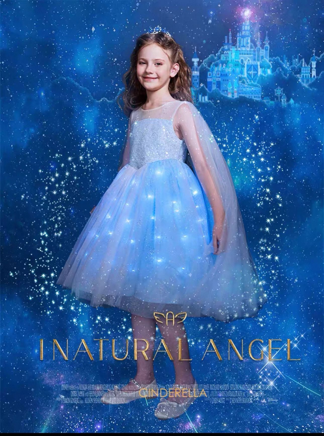 New with tag girls blue lace cape Elsa dress glowing at night tulle Halloween dress detachable cape size is 9 for 9 year girls   Glow-in-the-dark prin