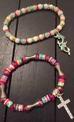 Combo Pack/Two 8.5 inch Expandable Charm Bracelets (Faith, Cross, Christian, Dolphin, Natural Stone, Swarovski)