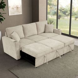Furniture of America Beige Couch Sofa Sectional With Pull-Out Sleeper Sofa Bed FM6965BG-SF-PK