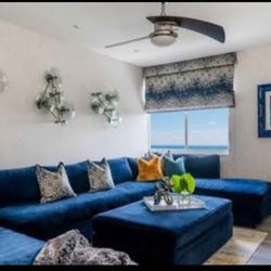 Luxury Designer Blue Velvet Modular Couch (Sleeper) / Ottoman & pair of Blue Velvet Lelièvre pillows