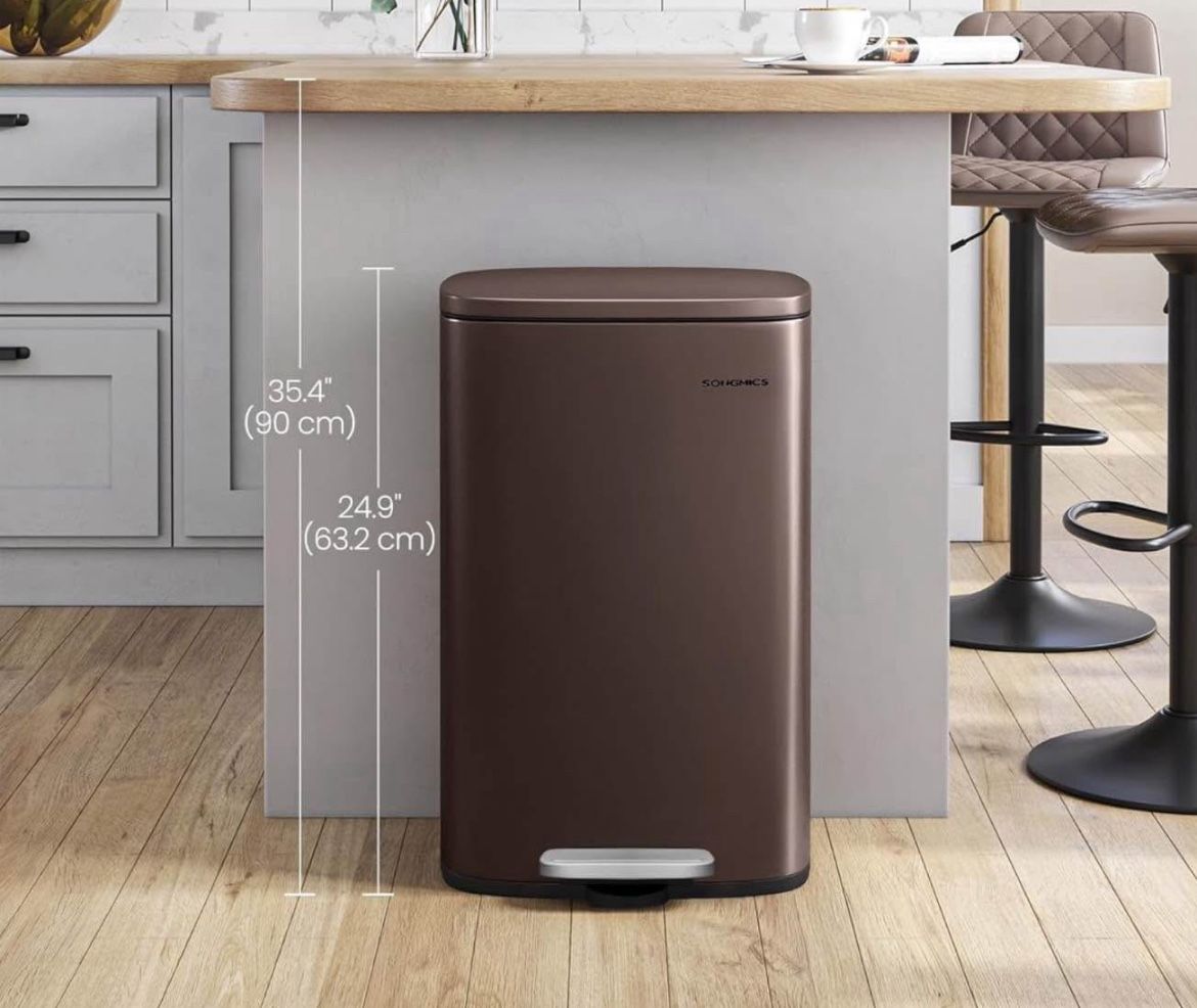 13 Gallon (50 L) Trash Can, Stainless Steel Kitchen Garbage Can, Recycling or Waste Bin, Soft Close, Step-On Pedal, Removable Inner Bucket, Brown ULTB