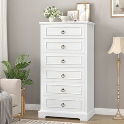 6 Drawer Tall Dresser, 52"H Chest of Drawers, Wooden Storage Cabinet for Bedroom, White