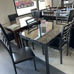 5 Pieces Metal And Faux Marble Top Dining Table Set 